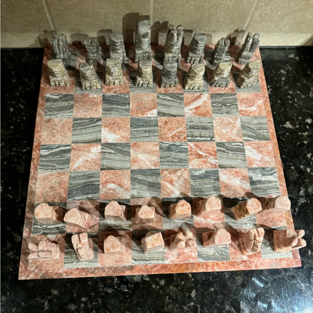 Stone Pink Onyx White Marbled Chess Board‎ 14”With Chess Pieces 2-3”